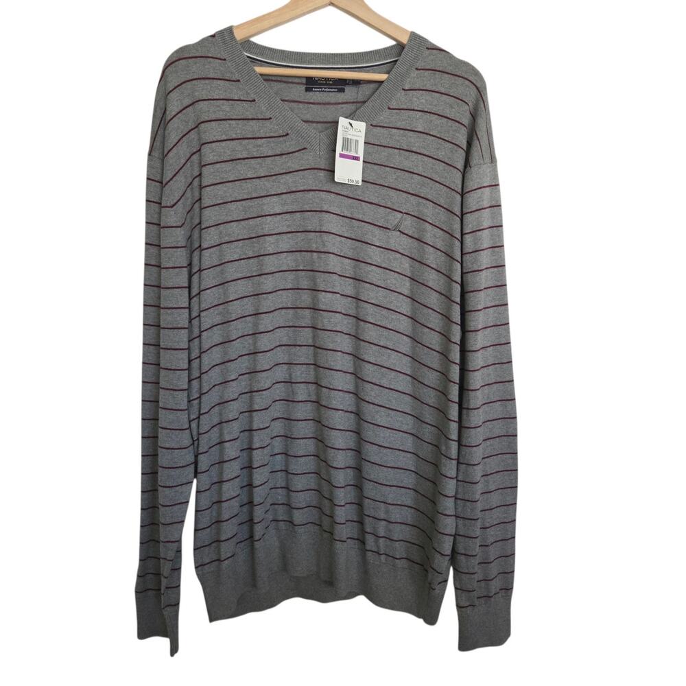 NEW Nautica Luxury Performance Soft Cotton Modal V-Neck Striped Sweater Y2K XXL